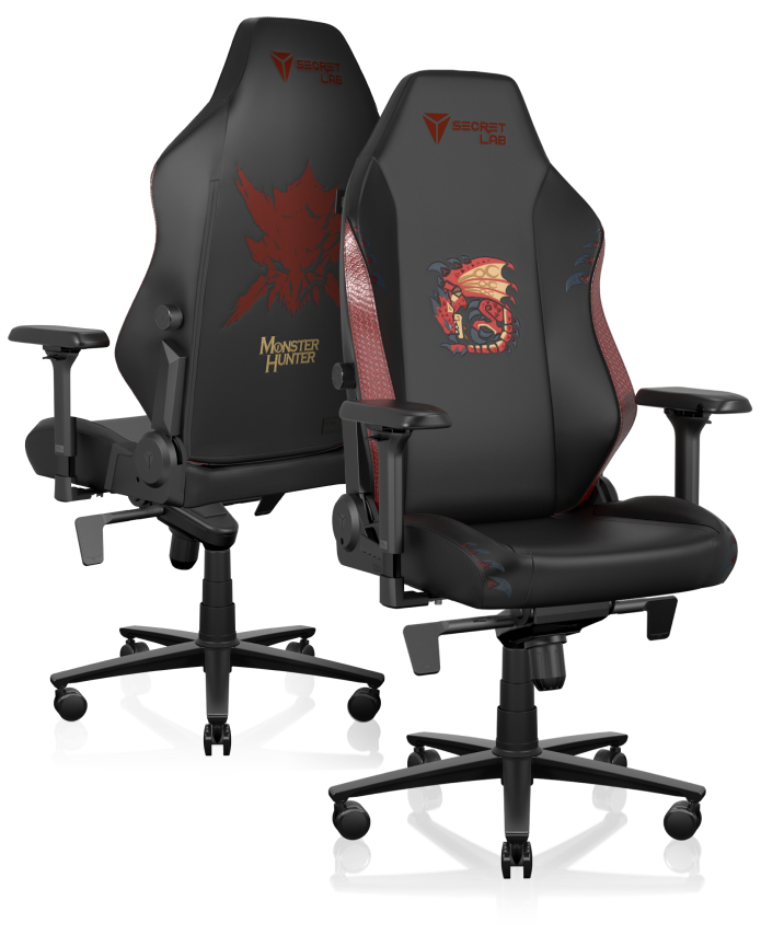 Secretlab TITAN Evo Rapthalos Edition chairs in partnership with Monster Hunter pictured in front and back views.