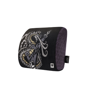 Secretlab Memory Foam Lumbar Pillow in Fatalis Edition pictured with the Monster Hunter 20th anniversary logo.