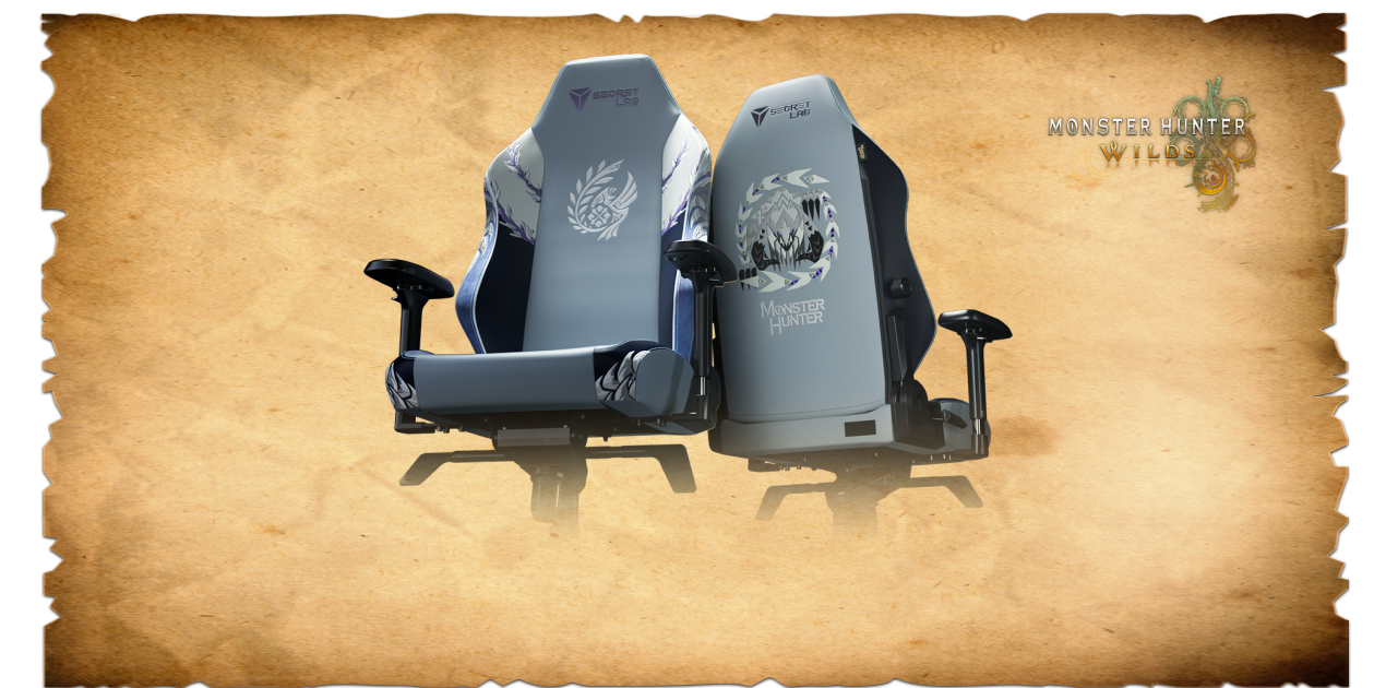 The Secretlab x Monster Hunter Fatalis Collection against an old parchment background with Monster Hunter's 20th anniversary logo.