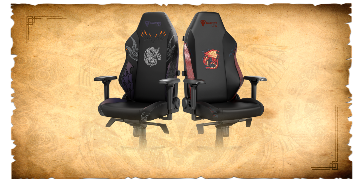 Secretlab TITAN Evo Rapthalos and Fatalis Edition chairs in partnership with Monster Hunter against an old parchment background.