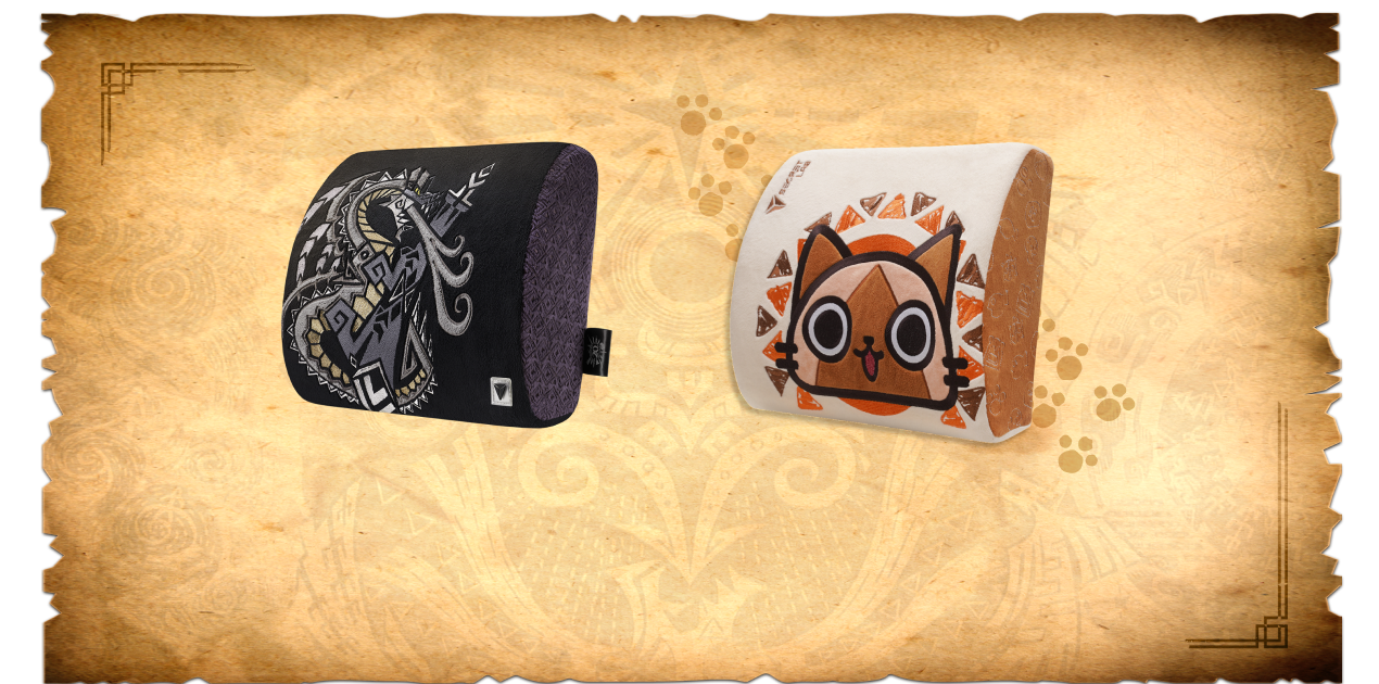 Secretlab Fatalis and Palico edition Memory Foam Lumbar Pillows in partnership with Monster Hunter against an old parchment background.