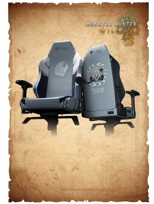 The Secretlab x Monster Hunter Fatalis Collection against an old parchment background with Monster Hunter's 20th anniversary logo.