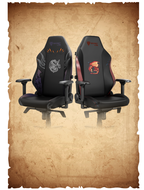 Secretlab TITAN Evo Rapthalos and Fatalis Edition chairs in partnership with Monster Hunter against an old parchment background.