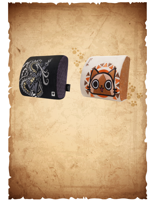 Secretlab Fatalis and Palico edition Memory Foam Lumbar Pillows in partnership with Monster Hunter against an old parchment background.