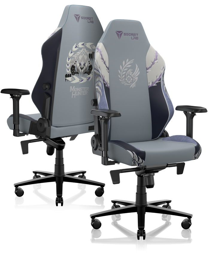 Secretlab TITAN Evo Arkveld Edition chairs in partnership with Monster Hunter pictured in front and back views.