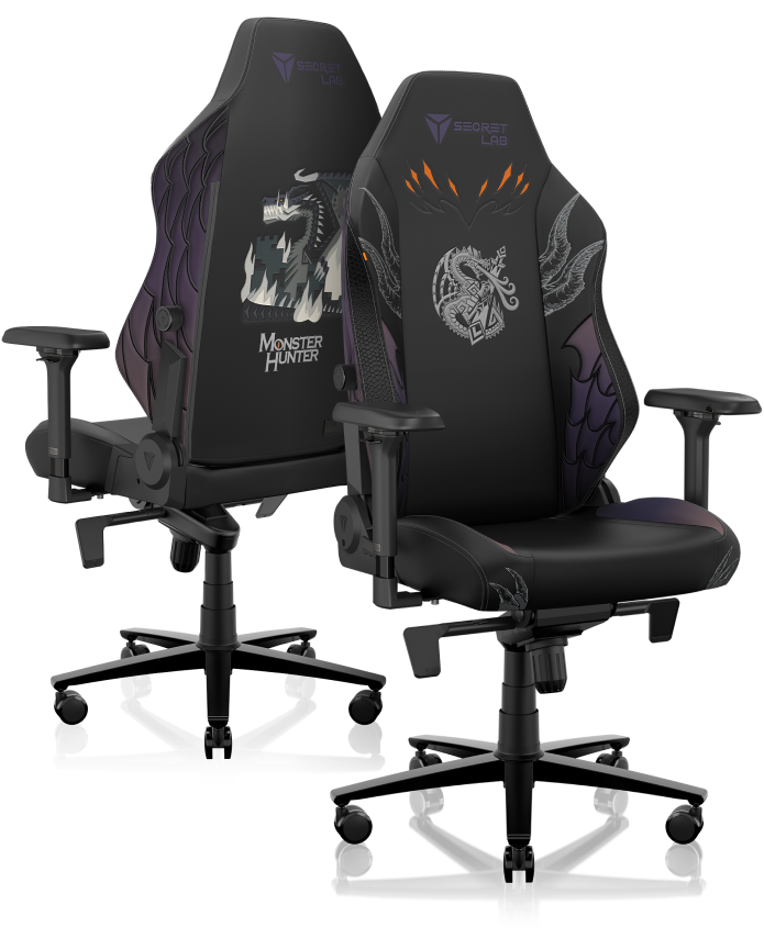 Secretlab TITAN Evo Fatalis Edition chairs in partnership with Monster Hunter pictured in front and back views.