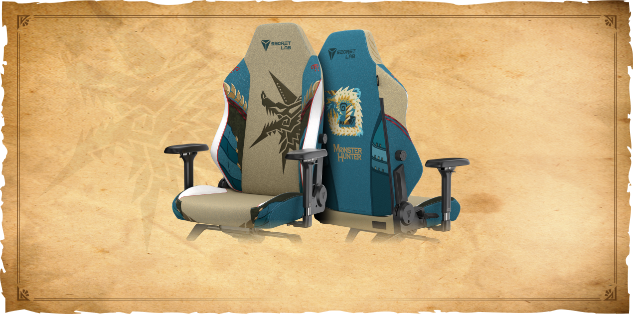 The Secretlab x Monster Hunter Zinogre Collection against an old parchment background with Monster Hunter's 20th anniversary logo.