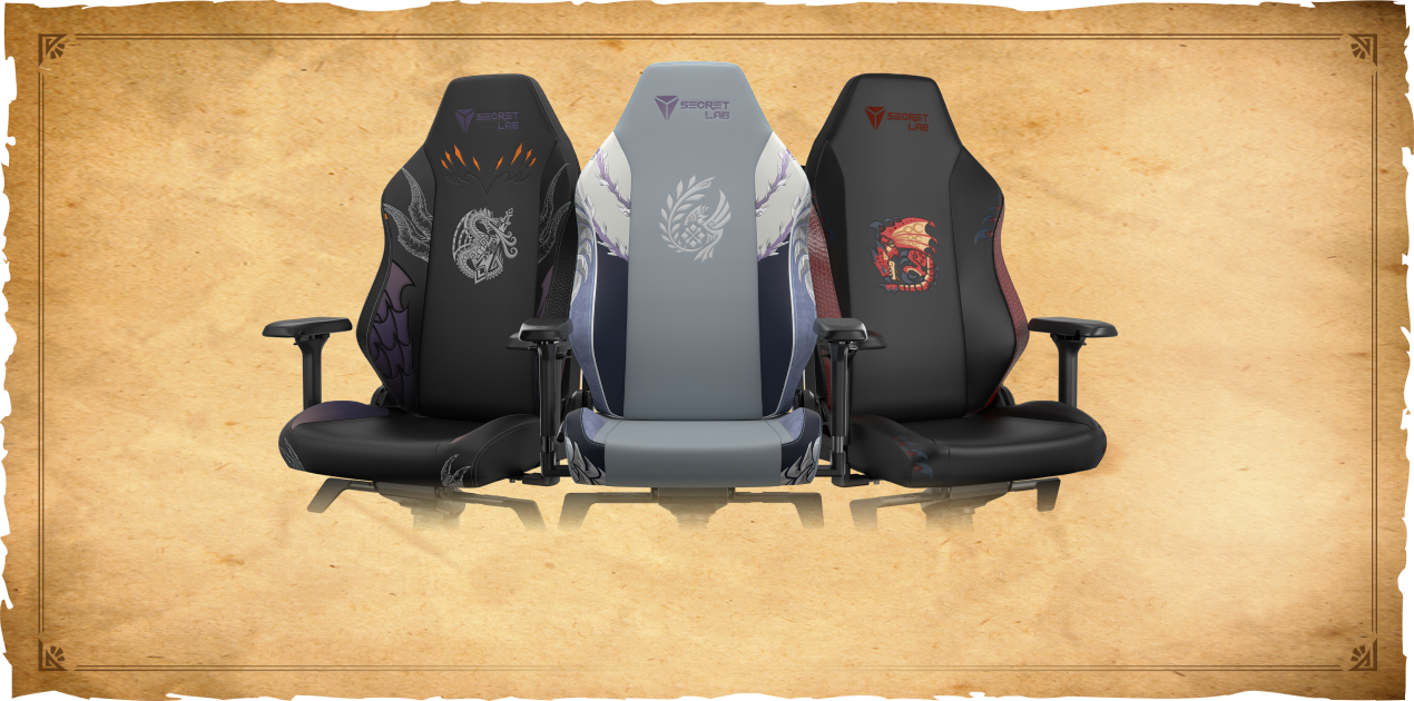 Secretlab TITAN Evo Rapthalos and Fatalis Edition chairs in partnership with Monster Hunter against an old parchment background.