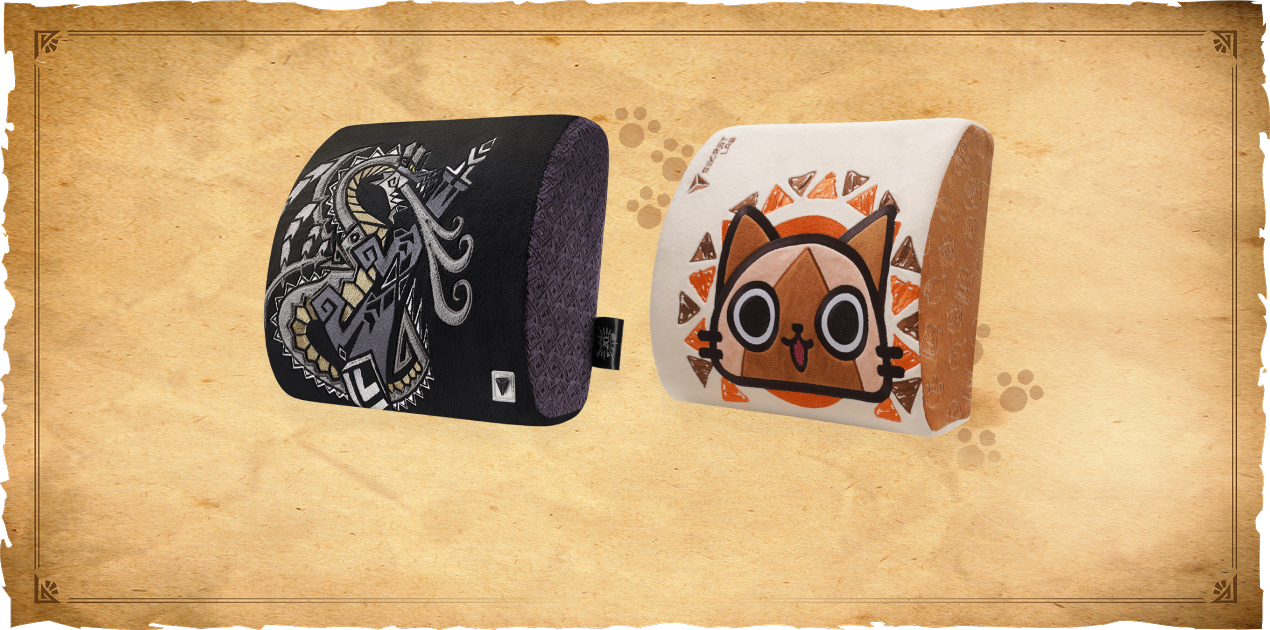 Secretlab Fatalis and Palico edition Memory Foam Lumbar Pillows in partnership with Monster Hunter against an old parchment background.
