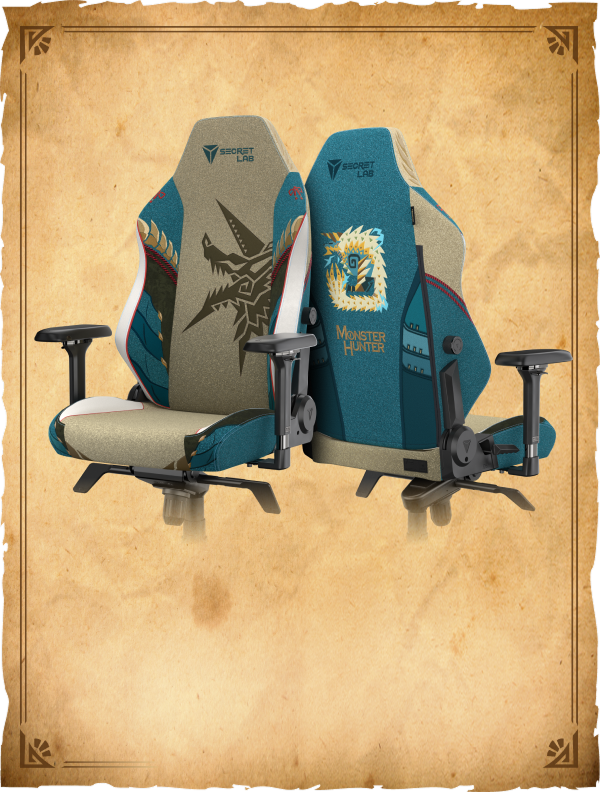 The Secretlab x Monster Hunter Zinogre Collection against an old parchment background with Monster Hunter's 20th anniversary logo.