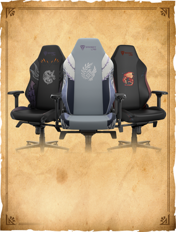 Secretlab TITAN Evo Rapthalos and Fatalis Edition chairs in partnership with Monster Hunter against an old parchment background.