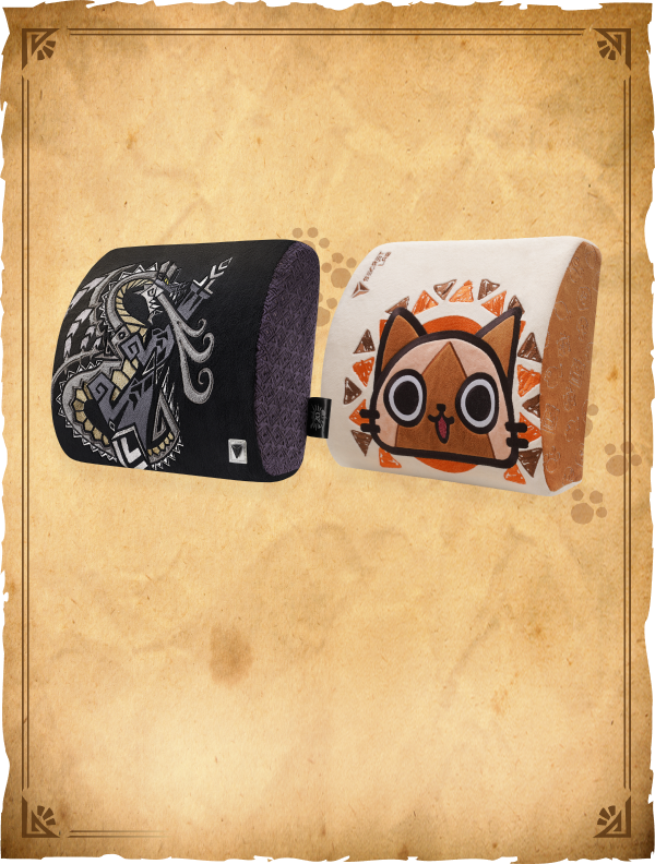 Secretlab Fatalis and Palico edition Memory Foam Lumbar Pillows in partnership with Monster Hunter against an old parchment background.
