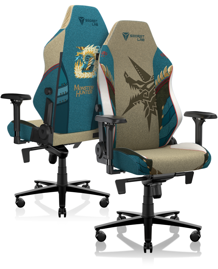Secretlab TITAN Evo Zinogre Edition chairs in partnership with Monster Hunter pictured in front and back views.